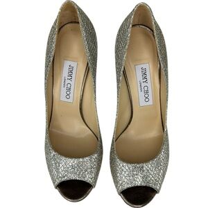 Jimmy Choo Luna Glitter Peep Toe Pumps Size 37.5 High Heels Platform